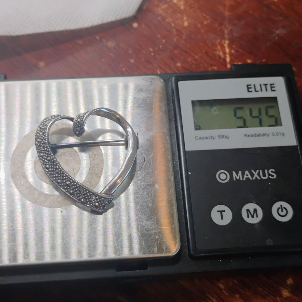 Vintage 925 Sterling Silver & Marcasite Open Heart Brooch Pin - Picture 6 of 6